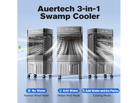 Auertech 5.5 Gal Swamp Cooler, 1800 CFM Evaporative Air Cooler with 3 Speeds, 12H Timer, 120°Oscillation, Windowless Room Cooling Fan with 4 Ice Packs, Portable Air Cooler for Indoor, Garage, Bedroom (Open Box)