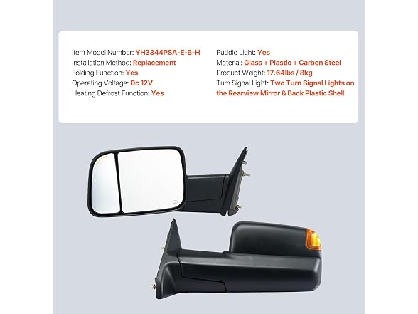Towing Mirrors, for 2009-2018 Dodge Ram 1500