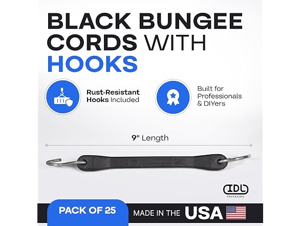 IDL Packaging Bungee Cords 9-inch with Hooks, 25-Pack
