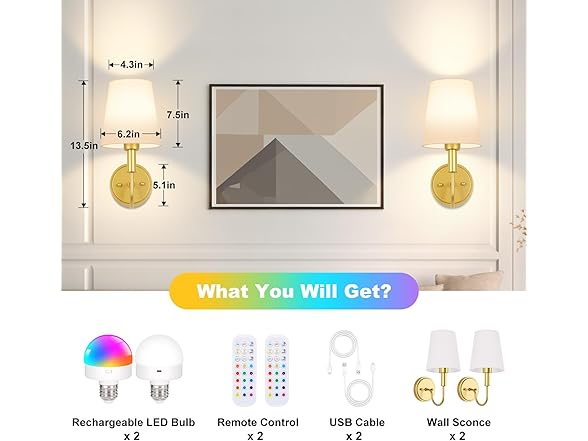 Wireless Rechargeable Wall Sconce, 2 Pack -Choose Color