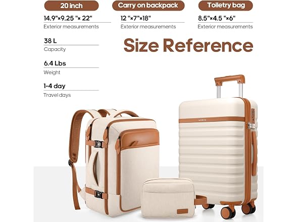 UKEIN 3Pc Luggage Set w/Backpack 20in