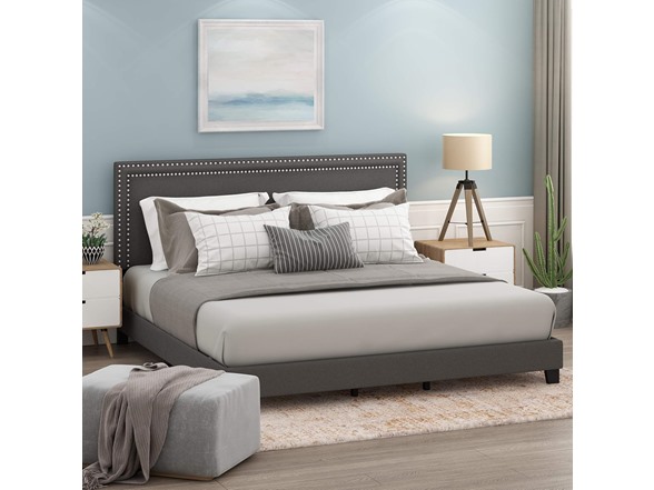 Furinno Upholstered Nail Head Bed Frame, King