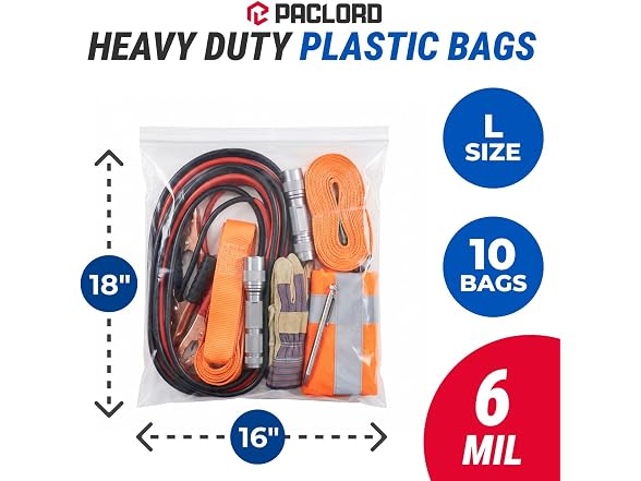 16" x 18" Large Reclosable Plastic Zip Bags, 10 Count