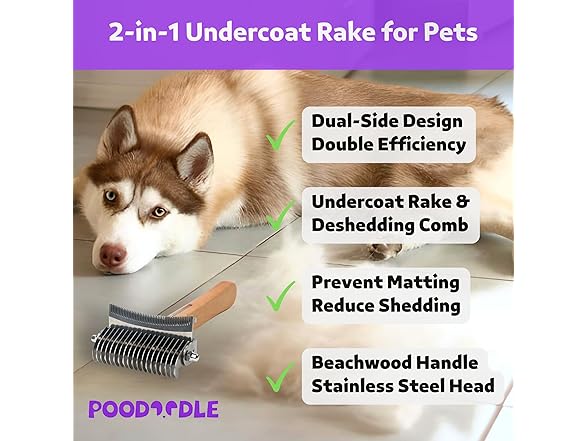 Poodoodle 2 in 1 Undercoat Rake for Dog and Cat
