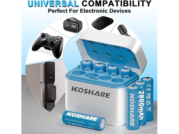 (8 Pack) Rechargeable Ni-MH Batteries AA with Charger
