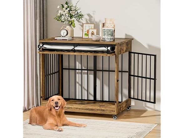 Dog Crate Furniture, Double Door Wooden Indoor Dog Kennel