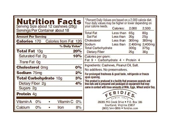 FERIDIES Salted Jumbo Cashews 9oz