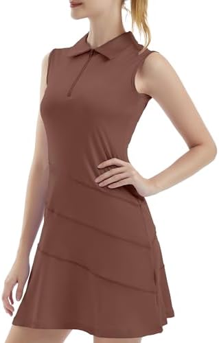 FKEEP Women's Tennis Golf Dresses Zipper V-Neck Sport Activewear with Shorts and Pocket Workout Athletic (Brown, M)