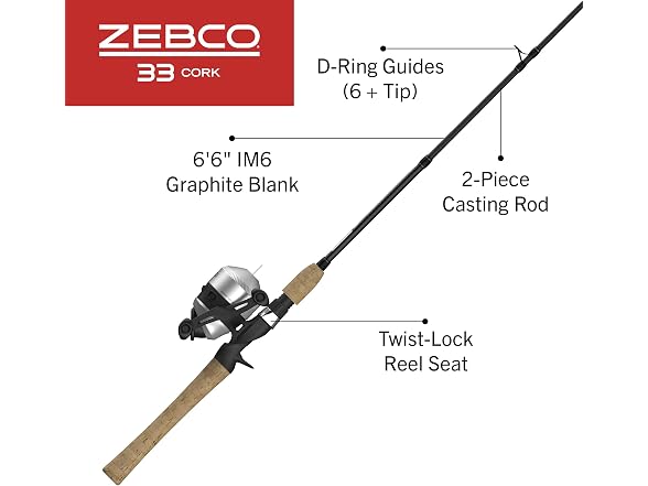 Zebco 33 Cork Spincast Reel & Fishing Rod Combo, 6.5'