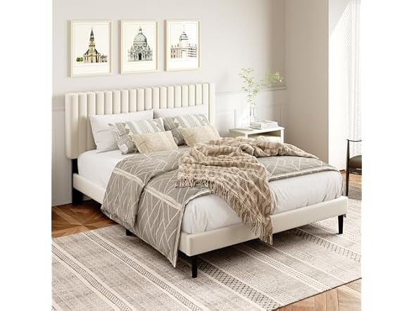 King Platform Bed, Velvet Headboard