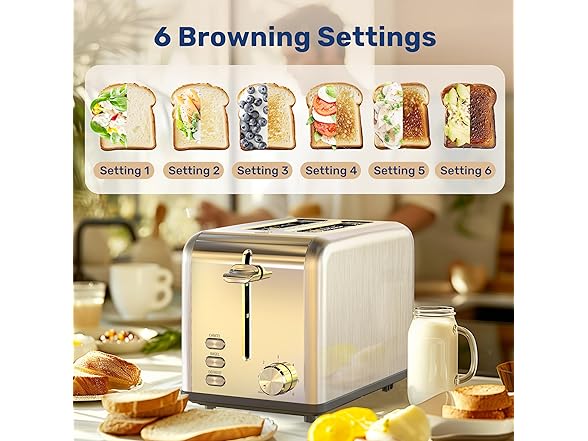 YSSOA 2-Slice Toaster with 6 Browning Setting and 3 Function,