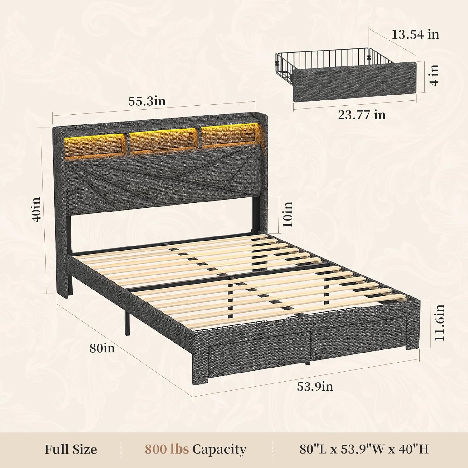 Blissivia Full Bed LED USB Drawers Grey - Gallery 11