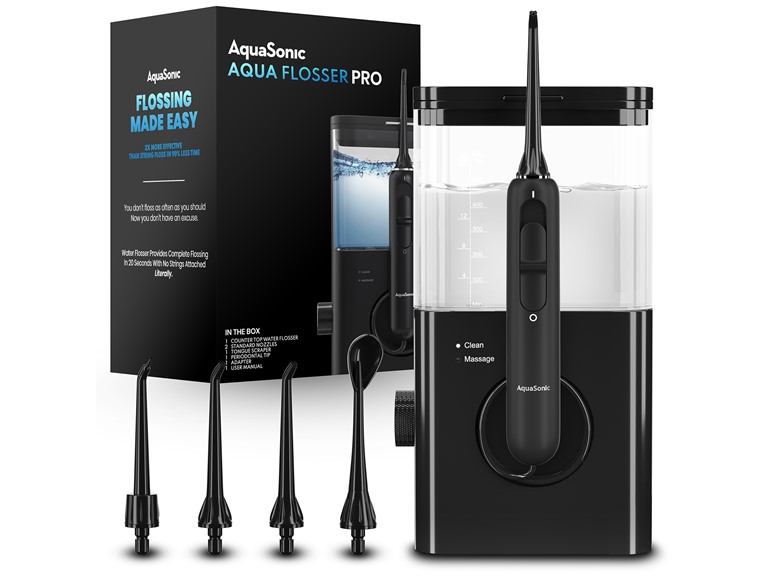 AquaSonic Aqua Flosser PRO | Professional Water Flosser with Large Capacity Reservoir | Oral Irrigator w/ 2 Modes, 10 Levels of Water Pressure, 4 Included Tips | Sleek & Compact | Dentist Recommended
