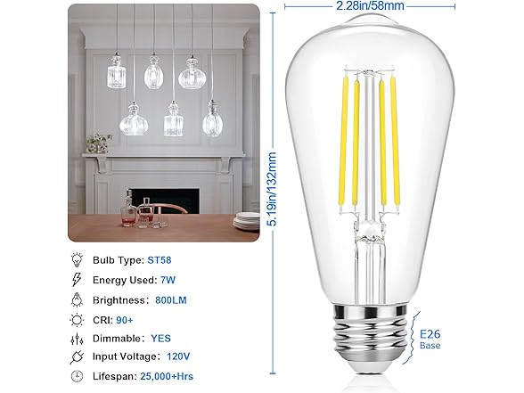 Vintage LED Edison Bulbs 60 Watt Equivalent Dimmable 7W