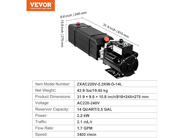 VEVOR Hydraulic Pump 2950 PSI 60HZ Hydraulic Power Unit 3 HP 220V Hydr