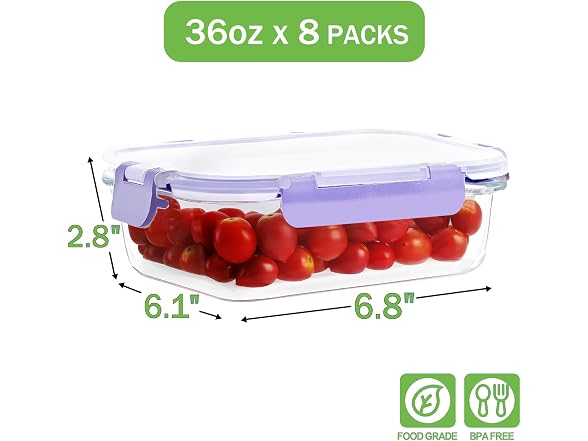 HOMBERKING 8-Pk 36oz Large Glass Meal Prep Containers, Purp