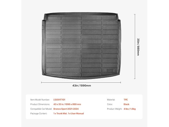Cargo Mat Compatible with Ford Bronco Sport 2021-2024