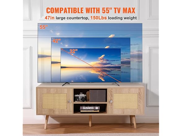 Rattan TV Stand, Mid Century Modern 65inch