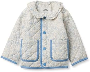 Amazon Essentials x Sofia Grainge Baby Girls' Midweight Quilted Field Jacket with Ruffle, Ivory Blue Outlined Blooms, 24 Months