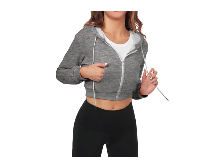 FKEEP Cropped Zip Up Hoodie Women Jacket Top Sweatshirt Casual Basic Gym Workout Sport Grey a