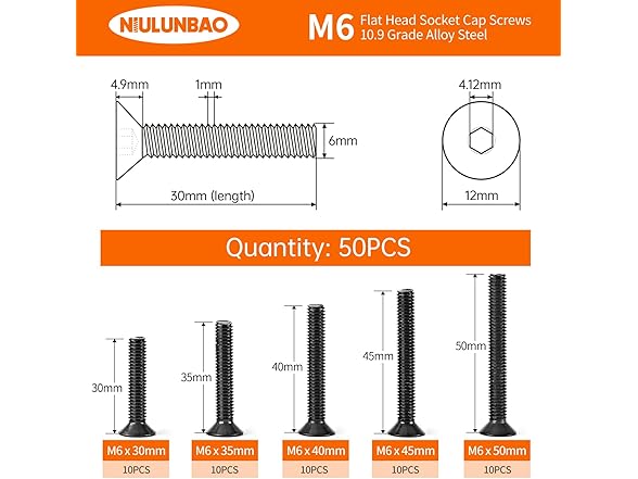 M6 Flat Head Socket Screws Kit 50Pcs