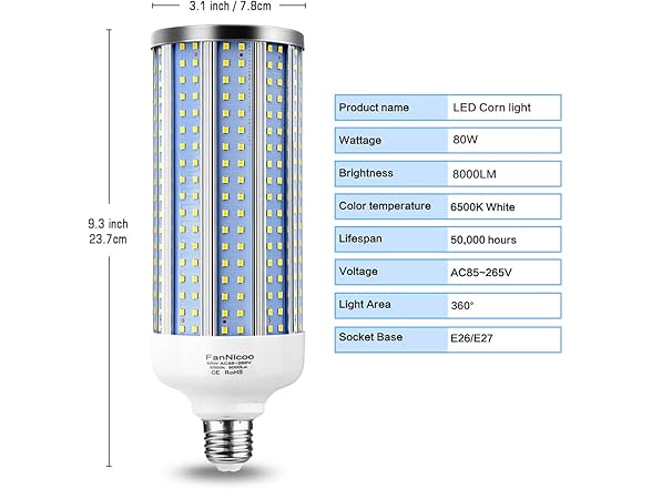 FanNicoo E39 80W LED Corn Light Bulb