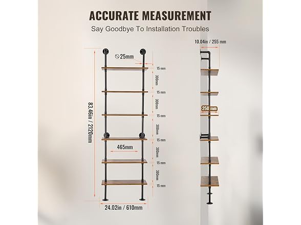 Industrial Pipe Shelf, 6 Tier 24x9.84in