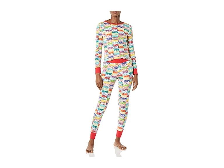 Amazon Essentials Disney | Marvel | Star Wars Women's Snug-Fit Cotton Pajama Sleepwear Sets, Marvel Holiday Bricks, Small