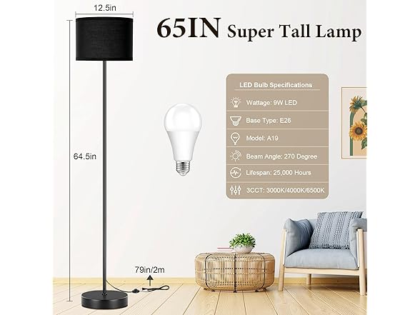 TOBUSA 65’’ Black Floor Lamp with Black Shade