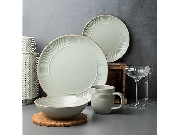 RINGAR Round Stoneware 16pc Double Bowl Dinnerware Set for 4