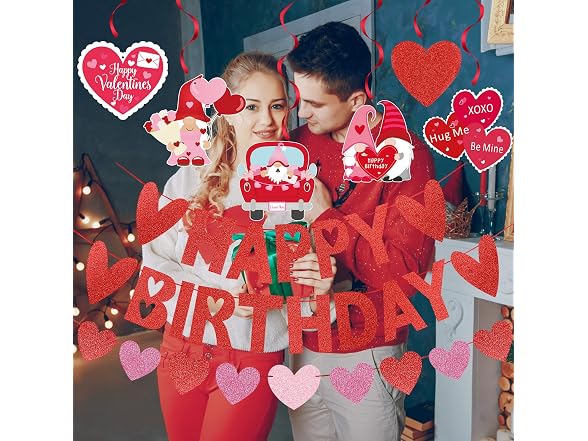 Red Glitter Happy Birthday Valentines Banner