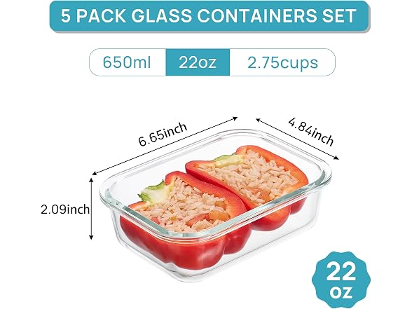 Vtopmart Blue 5 Pack 22oz Glass Containers W/ Lids