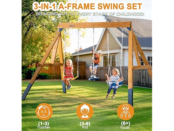 ROBUD 3-in-1 Playground Wooden Swing Sets for Backyard