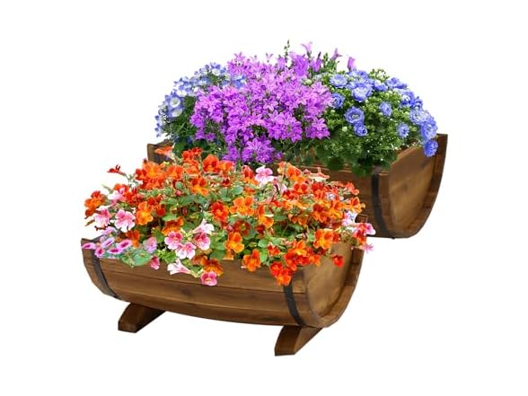 IDZO Solid Acacia Wood Half Barrel Planters, Set of 2