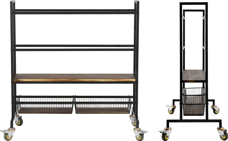 Heavy Duty Black Metal Sports Equipment Rolling Rack with Wood Shelves - Gallery 6