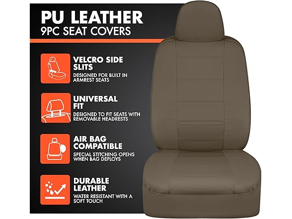 9pc Beige Leather Seat Cover Full Set