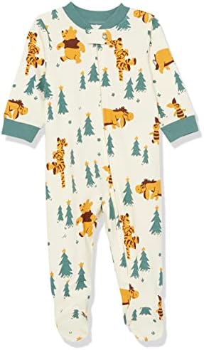 Amazon Essentials Disney | Marvel | Star Wars Unisex Babies' Snug-Fit Cotton Footed Pajamas, Pooh Holiday Forest - Sleep & Play, 0-3 Months