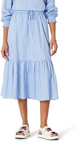 Amazon Essentials Women's Mid-Rise A-line Cotton Sateen Tiered Midi Skirt (Top Sold Separately), Blue White Stripe, Large