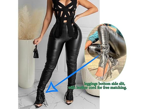 thumbnail image 2 of Women's Faux Leather Leggings - High Waisted, Stretchy & Sexy With Lace-Up Back | One Size Black Pleather Pants 2 of 10