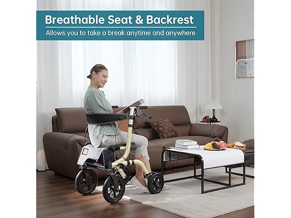 ELENKER All-Terrain Rollator Walker with Seat, Outdoor Rolling Walker, 12” Non-Pneumatic Tire Front Wheels, Compact Folding Design for Seniors, Champagne (Open Box)
