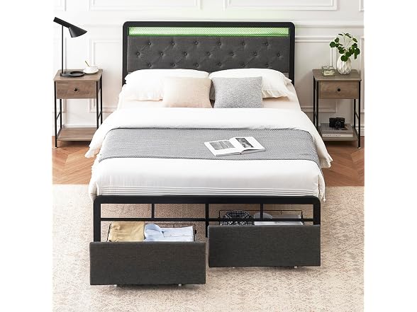 Queen Bed Frame w/ 2 Drawers, LED Light
