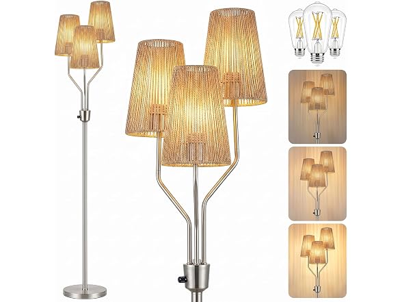 Bairth  Boho Floor Lamp, Farmhouse Rattan 3-Light