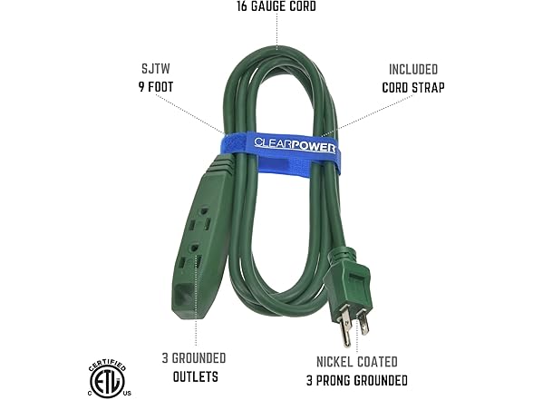 Clear Power Outdoor Extension Cord - 9 FT, 16/3 SJTW