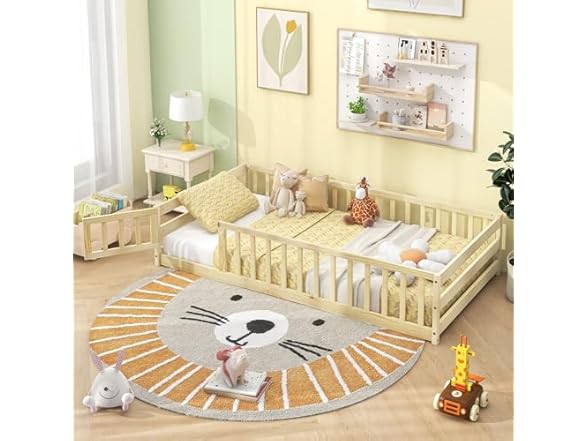 Giantex Twin Floor Bed with Door & Fence, Kids Wood Montesso (Open Box)