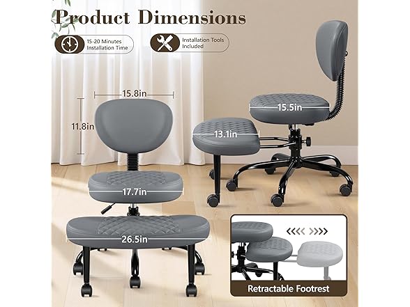 AtHope Ergonomic Cross Legged Office Chair with Wheels - Adjustable Height for Meditation, ADHD Desk & Yoga - Wide Criss Cross Design with Lumbar Support, Kneeling Chair - Dark Gray (Open Box)