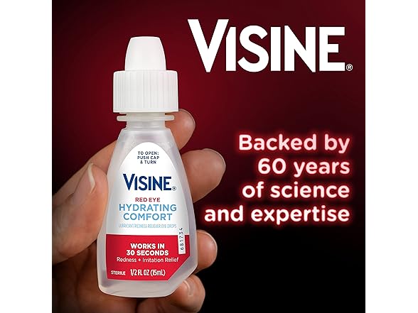Visine Red Eye Hydrating Comfort Redness Relief and Lubricant Eye Drops to Help Moisturize and Relieve Red Eyes Due to Minor Eye Irritations Fast, Tetrahydrozoline HCl, 0.5 fl. oz