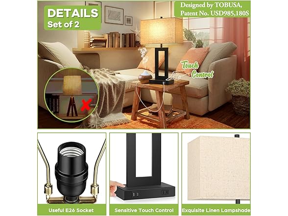 TOBUSA Set of 2 Touch Control Table Lamps