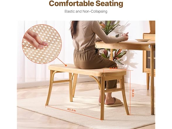 Rattan Bench, 43.3" Wooden Rattan Bench