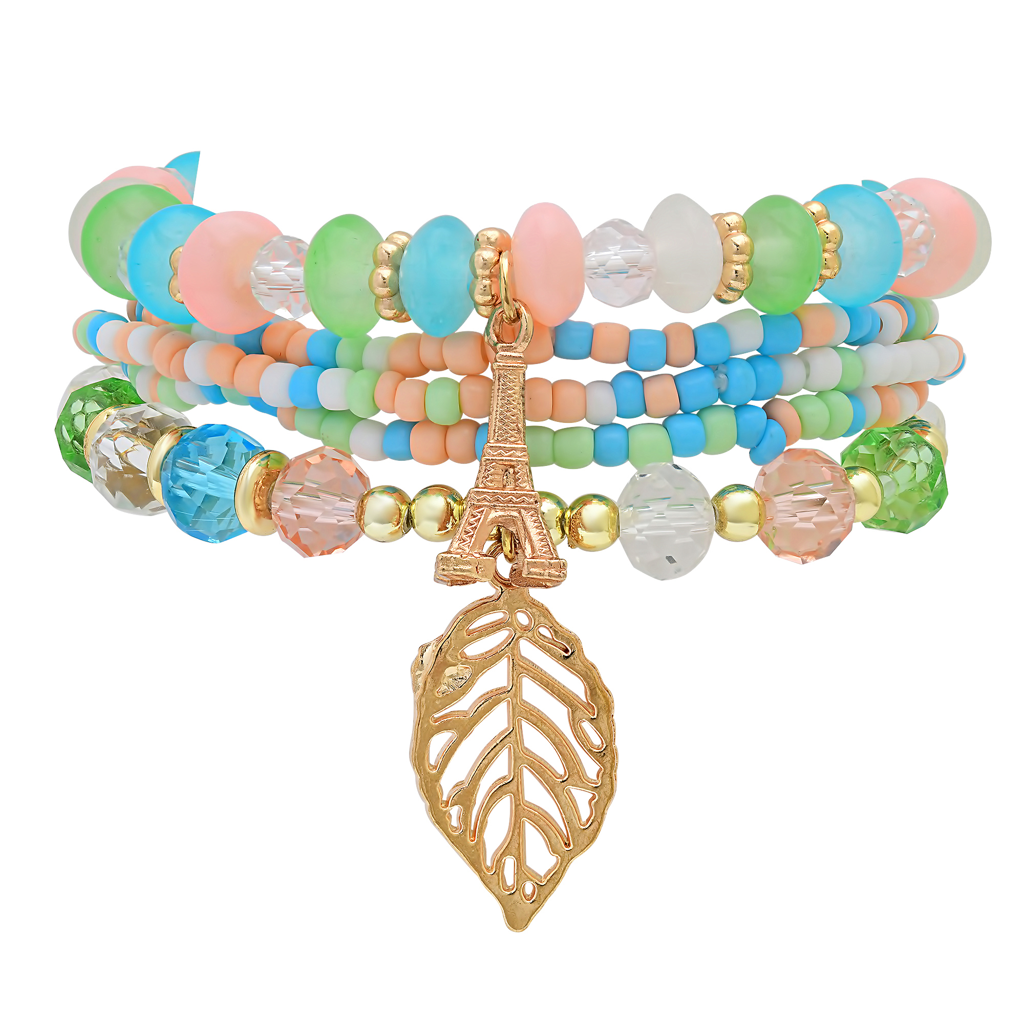 Stretch Beaded Bracelet Stack with Leaf Charm - Gallery 4