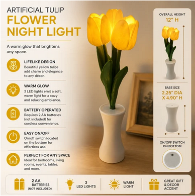 Battery Operated Artificial Tulip Flower Bouquet Night Light - Gallery 4